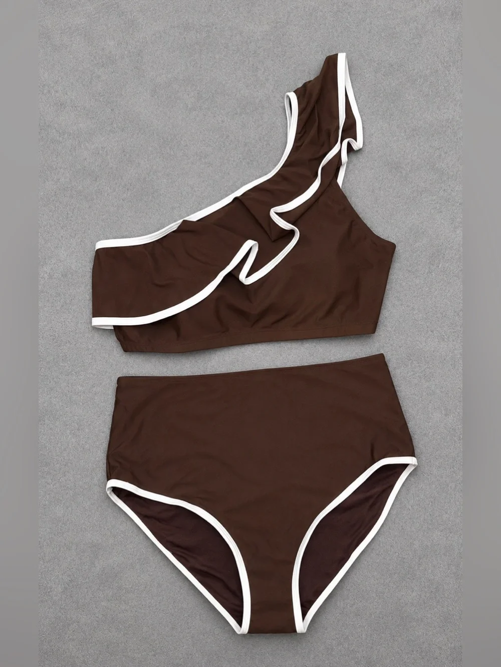 Hersea Women's Bikini Set - Brown One Shoulder Ruffle Hem - Size Large